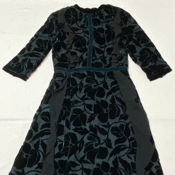 Rick Rhe Handmade Italy Silk Velvet Devore ¾ Sleeve Lined High Neck Ruffle Dress - Picture 11 of 13